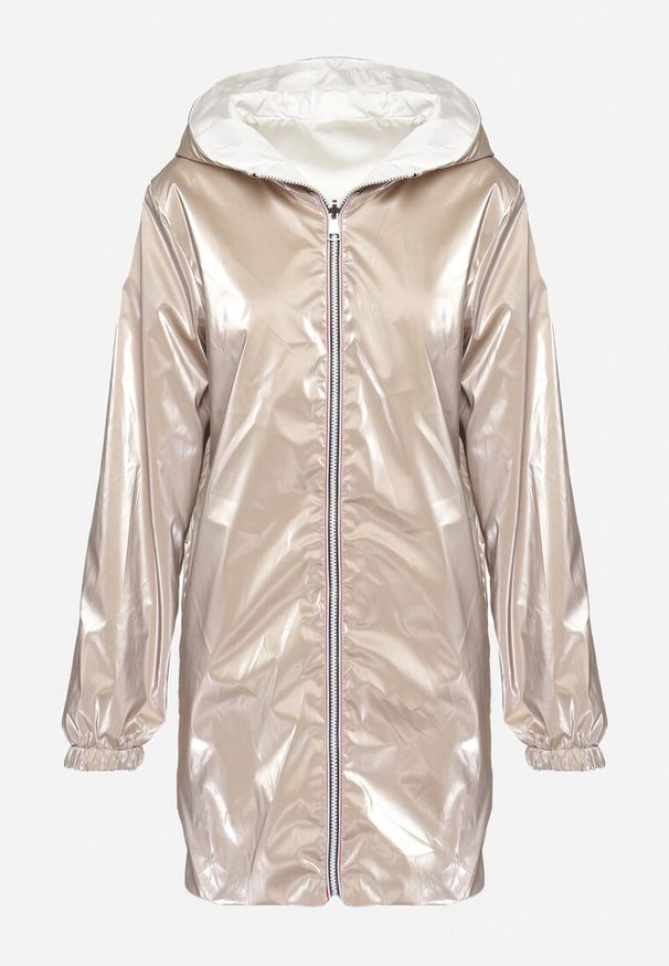 Born2be - Biała Kurtka Dwustronna z Nieodpinanym Kapturem i Metalicznym Efektem Lirednil. Kolor: biały. Wzór: gładki. Styl: elegancki