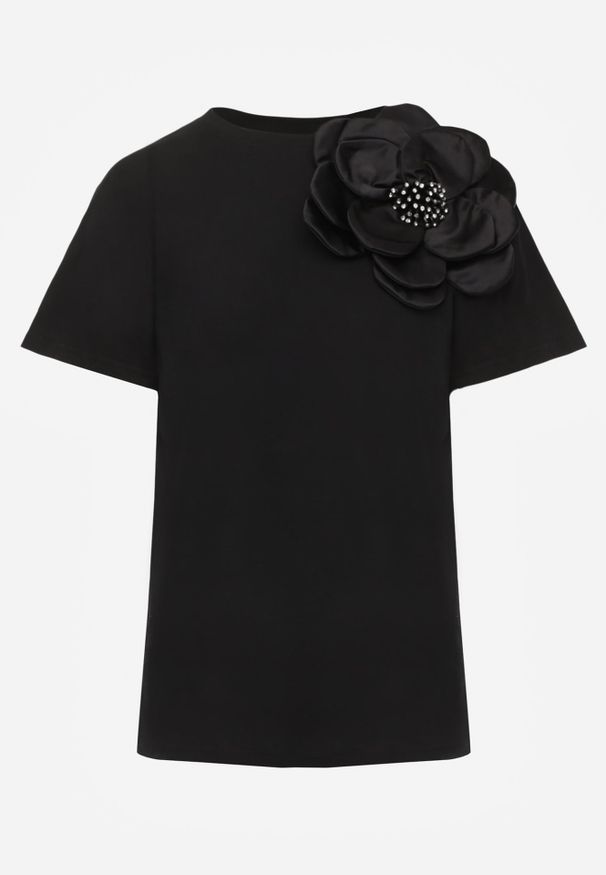 Renee - Czarny T-shirt Bluzka z Bawełny z Krótkim Rękawem i Aplikacją Kwiatu Dimasa. Okazja: na imprezę, na urodziny, na randkę. Kolor: czarny. Materiał: bawełna. Długość rękawa: krótki rękaw. Długość: krótkie. Wzór: aplikacja, kwiaty. Sezon: lato. Styl: klasyczny