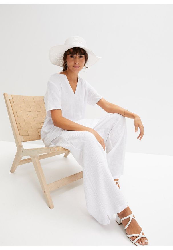 bonprix - Długa tunika muślinowa z czystej bawełny. Kolor: biały. Materiał: bawełna. Długość rękawa: krótki rękaw. Długość: krótkie, długie