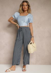 Renee - Czarno-Granatowe Spodnie o Szerokim Kroju High Waist z Geometrycznym Wzorem Farisia. Stan: podwyższony. Kolor: czarny. Materiał: bawełna. Wzór: geometria. Styl: elegancki #4