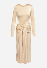 Born2be - Beżowa Sukienka Koktajlowa Ozdobiona Wiązaniem i Wycięciem Vamizola. Okazja: na co dzień. Kolor: beżowy. Wzór: aplikacja. Typ sukienki: proste. Styl: wizytowy #4