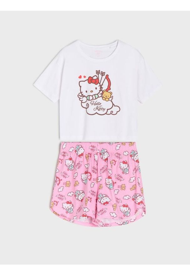 Sinsay - Bawełniana piżama dwuczęściowa z nadrukiem Hello Kitty - biały. Kolor: biały. Materiał: bawełna. Wzór: motyw z bajki, nadruk
