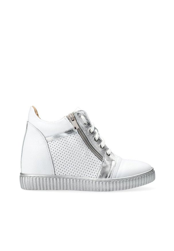 Arturo Vicci - Sneakersy biało srebrne na koturnie. Zapięcie: sznurówki. Kolor: biały. Materiał: skóra. Obcas: na koturnie
