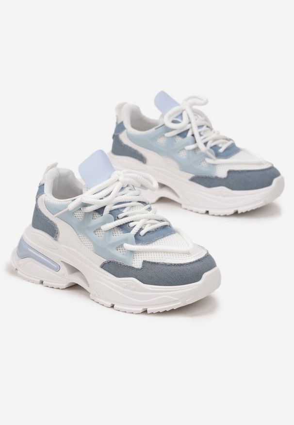 Renee - Biało-Niebieskie Sneakersy Ozdobnie Sznurowane z Wycięciami na Grubej Podeszwie Selvia. Zapięcie: sznurówki. Kolor: niebieski