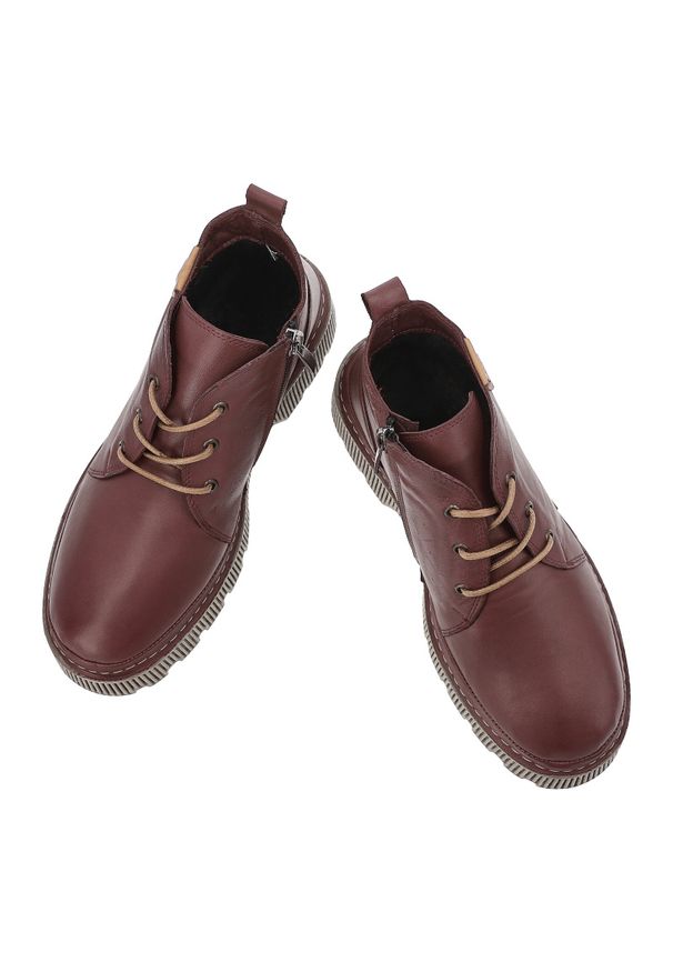 Bordowe Botki Artiker Ocieplane Obuwie Damskie. Okazja: na co dzień. Zapięcie: sznurówki. Kolor: czerwony. Materiał: skóra. Styl: klasyczny, casual