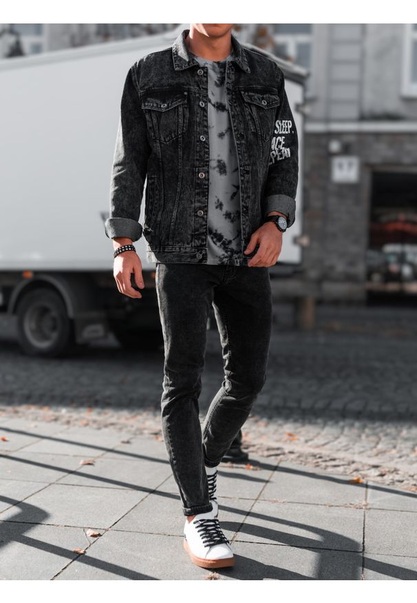 Ombre Clothing - Spodnie męskie jeansowe SKINNY FIT - czarne V6 P1062 - XL. Kolor: czarny. Materiał: jeans. Wzór: aplikacja