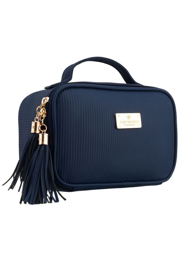 Granatowa kosmetyczka z tkaniny syntetycznej wyposażona w cztery przegródki, jednokomorowa - Peterson. Kolor: niebieski. Materiał: tkanina, syntetyk