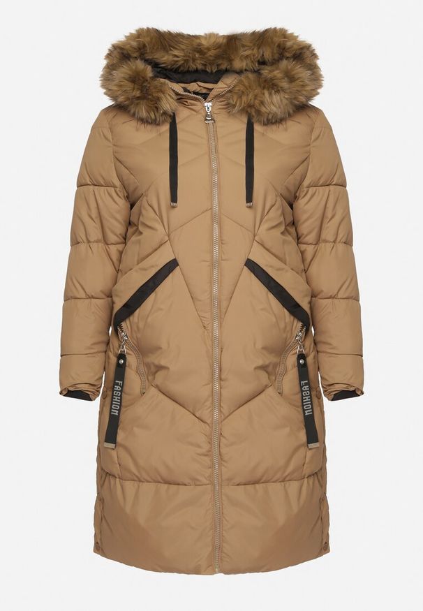 Born2be - Beżowa Kurtka Pikowana z Odpinanym Futerkiem Zivilda. Okazja: na co dzień. Kolekcja: plus size. Kolor: beżowy. Materiał: futro. Wzór: geometria. Styl: elegancki, casual, klasyczny