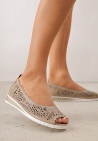 Born2be - Beżowe Ażurowe Balerinki ze Skóry Naturalnej z Odkrytymi Noskami Prisira. Okazja: do pracy, na co dzień. Kolor: beżowy. Materiał: skóra. Szerokość cholewki: normalna. Wzór: ażurowy. Styl: casual #7