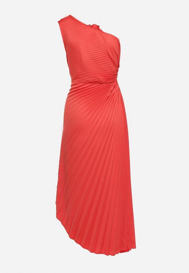 Born2be - Czerwona Plisowana Sukienka o Asymetrycznym Kroju z Wycięciem i Broszką w Kształcie Kwiatu Lavimas. Okazja: na imprezę. Kolor: czerwony. Wzór: kwiaty. Typ sukienki: asymetryczne. Styl: wizytowy, elegancki