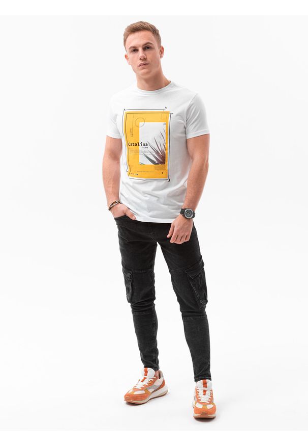 Ombre Clothing - T-shirt męski z nadrukiem S1434 V-13A - biały - XXL. Kolor: biały. Materiał: bawełna. Wzór: nadruk. Styl: klasyczny