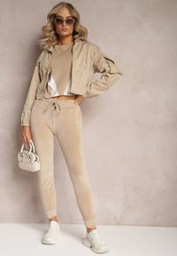 Renee - Beżowy 2-częściowy Komplet Dresowy Welurowy z Bluzą i Spodniami Vestali. Kolor: beżowy. Materiał: dresówka, welur #4