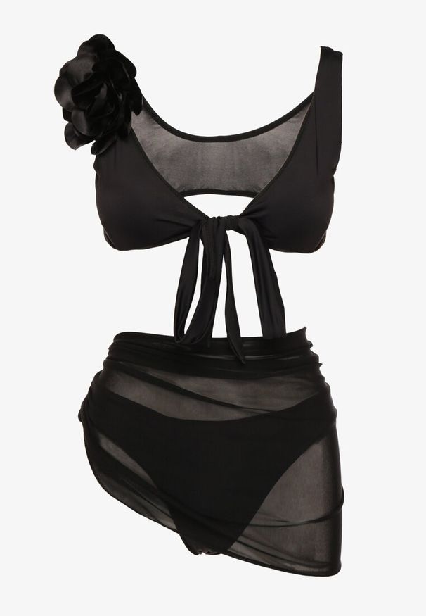 Renee - Czarne Bikini Majtki Figi Biustonosz z Broszką Kwiatu 3D i Siateczkowe Pareo Folissa. Kolor: czarny. Wzór: kwiaty