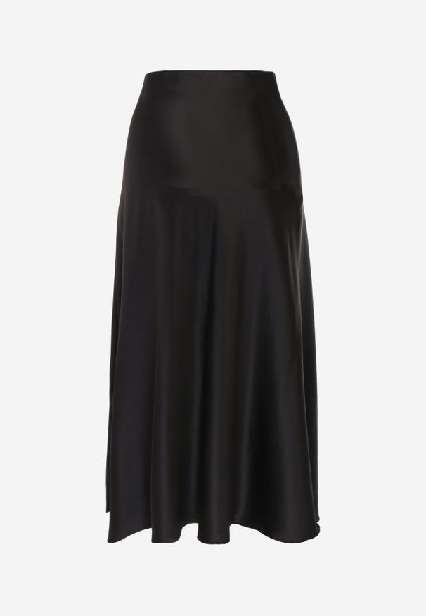 Born2be - Czarna Rozkloszowana Midi Spódnica Satynowa Zapinana na Suwak z Gumką w Pasie Williwarne. Okazja: na co dzień, na spotkanie biznesowe, do pracy. Kolor: czarny. Materiał: satyna. Styl: casual, biznesowy