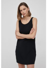 Calvin Klein sukienka kolor czarny mini prosta. Okazja: na co dzień. Kolor: czarny. Materiał: tkanina. Długość rękawa: na ramiączkach. Wzór: gładki. Typ sukienki: proste. Styl: casual. Długość: mini