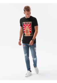 Ombre Clothing - T-shirt męski z nadrukiem S1434 V-2B - czarny - XXL. Kolor: czarny. Materiał: bawełna. Wzór: nadruk