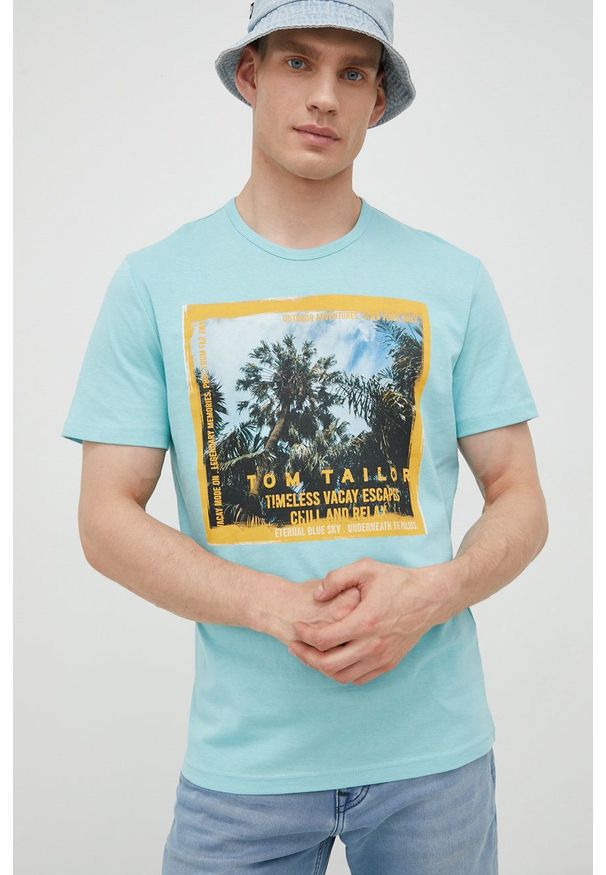Tom Tailor t-shirt bawełniany kolor turkusowy z nadrukiem. Kolor: turkusowy. Materiał: bawełna. Wzór: nadruk