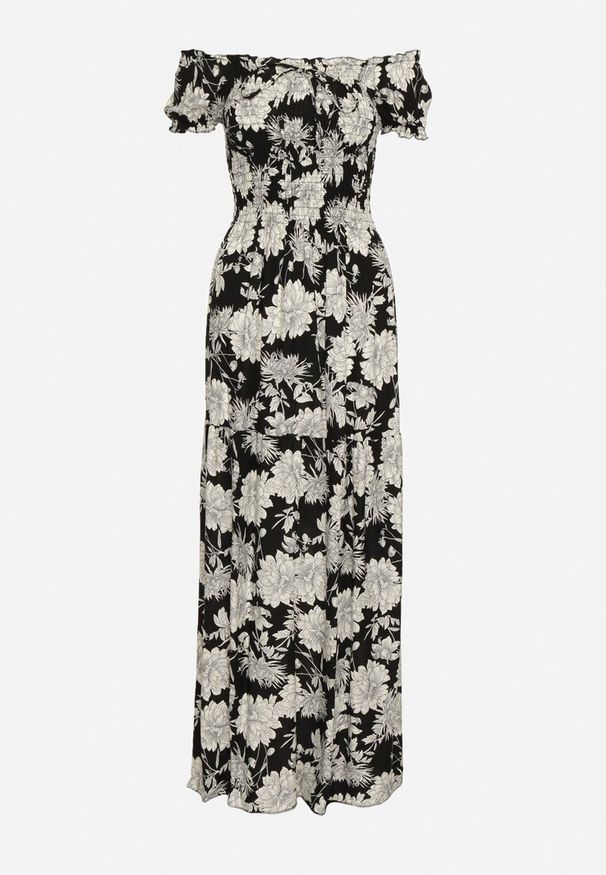 Born2be - Czarno-Biała Sukienka z Wiskozy Typu Hiszpanka z Marszczonym Dekoltem Yelbia. Typ kołnierza: dekolt hiszpanka. Kolor: czarny. Materiał: wiskoza. Wzór: kwiaty