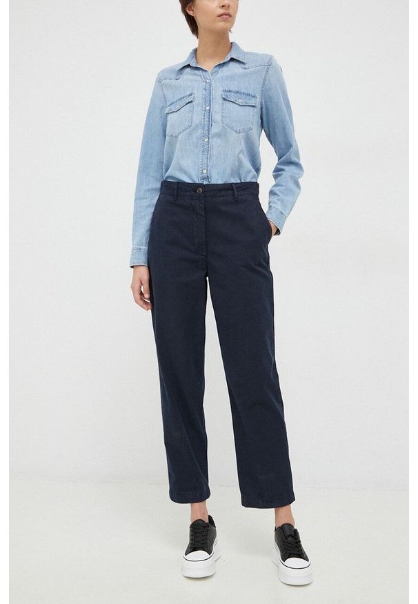 TOMMY HILFIGER - Tommy Hilfiger spodnie bawełniane kolor granatowy proste high waist. Stan: podwyższony. Kolor: niebieski. Materiał: bawełna