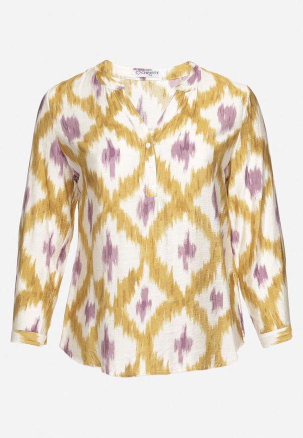 Born2be - Żółta Koszula z Wiskozą w Geometryczny Wzór z Dekoltem w Serek Evelivia. Okazja: na co dzień. Typ kołnierza: dekolt w serek. Kolekcja: plus size. Kolor: żółty. Materiał: wiskoza. Wzór: geometria. Styl: casual, elegancki