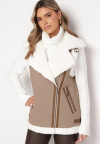 Born2be - Beżowa Kamizelka Bezrękawnik w Stylu Biker z Ekozamszu z Futerkiem Terone. Kolor: beżowy. Materiał: futro. Długość rękawa: bez rękawów. Wzór: aplikacja #3