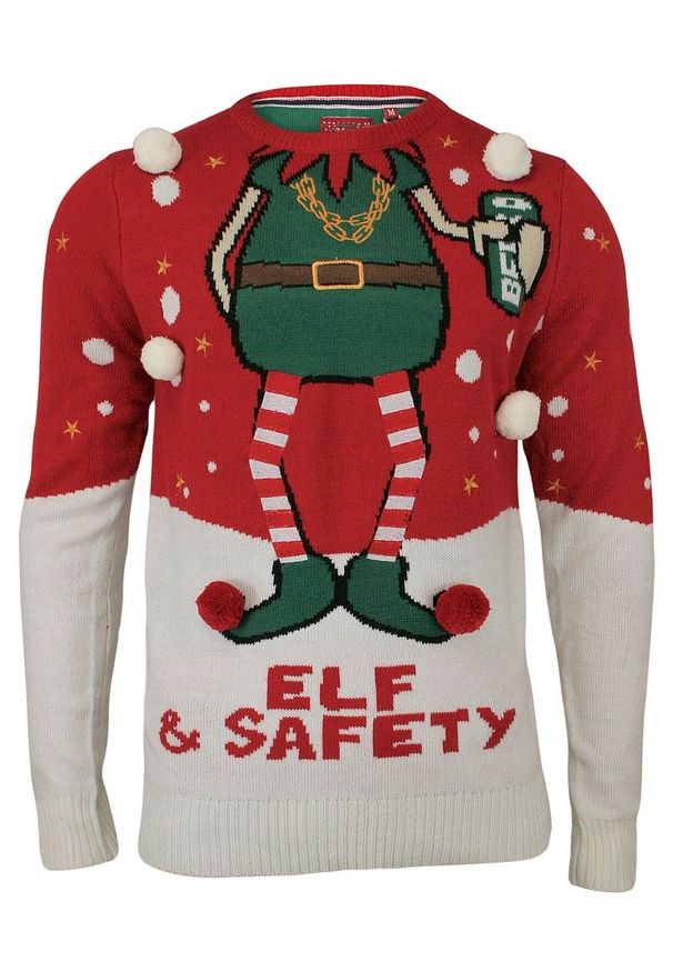Sweter Świąteczny z Elfem, Śmieszny, Na Prezent, Pompony - Brave Soul, Męski. Materiał: akryl. Styl: wizytowy