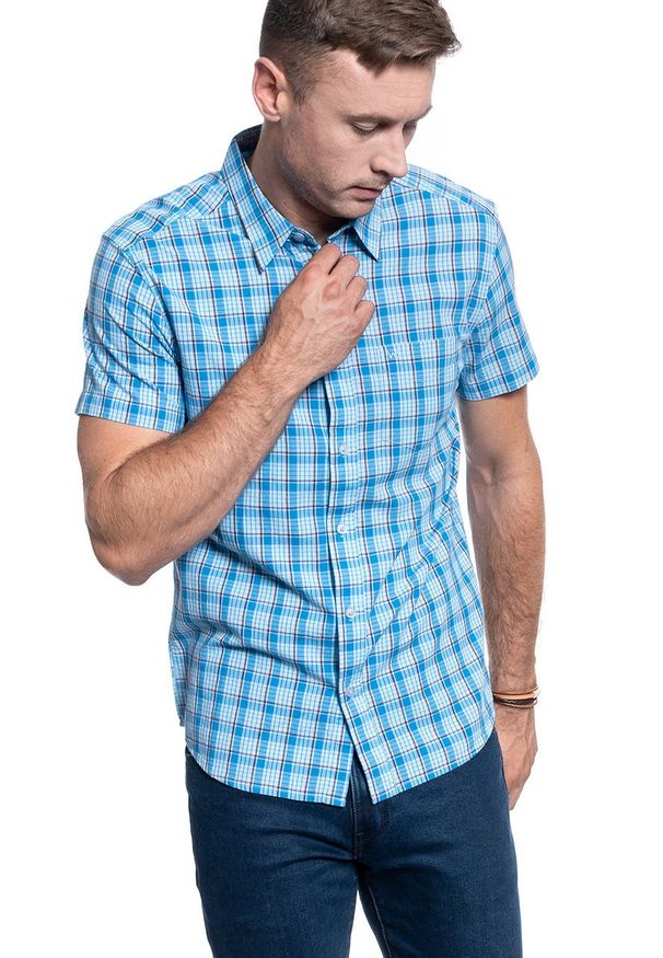 Wrangler - MĘSKA KOSZULA MATERIAŁOWA WRANGLER SS 1 PKT SHIRT CERULEAN BLUE W5J11OXVT 112130160. Materiał: materiał
