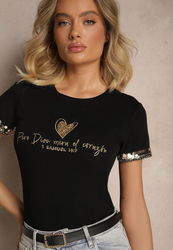 Renee - Czarny T-shirt z Bawełny z Cyrkoniami Arithlin. Okazja: na co dzień. Kolor: czarny. Materiał: bawełna. Wzór: aplikacja. Styl: elegancki, casual