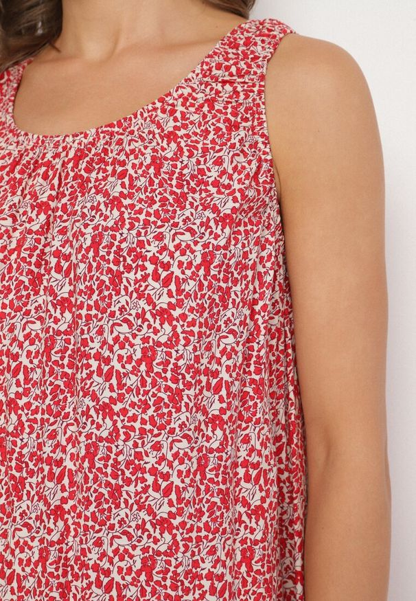 Born2be - Czerwona Rozkloszowana Sukienka z Bawełny w Abstrakcyjny Wzór Annivione. Kolor: czerwony. Materiał: bawełna. Długość rękawa: na ramiączkach. Styl: klasyczny, elegancki