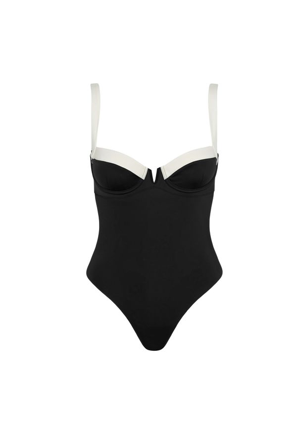 Intica - Strój kąpielowy jednoczęściowy z szerokimi ramiączkami na plażę i basen Tecla. Kolor: czarny. Materiał: materiał