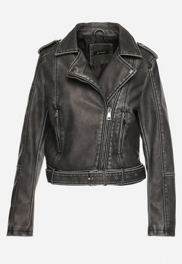 Born2be - Szara Kurtka Ramoneska z Ozdobnym Paskiem na Dole i Asymetrycznym Suwakiem Etoisa. Okazja: na co dzień. Kolor: szary. Materiał: jeans. Długość rękawa: krótki rękaw. Długość: krótkie. Styl: casual, elegancki