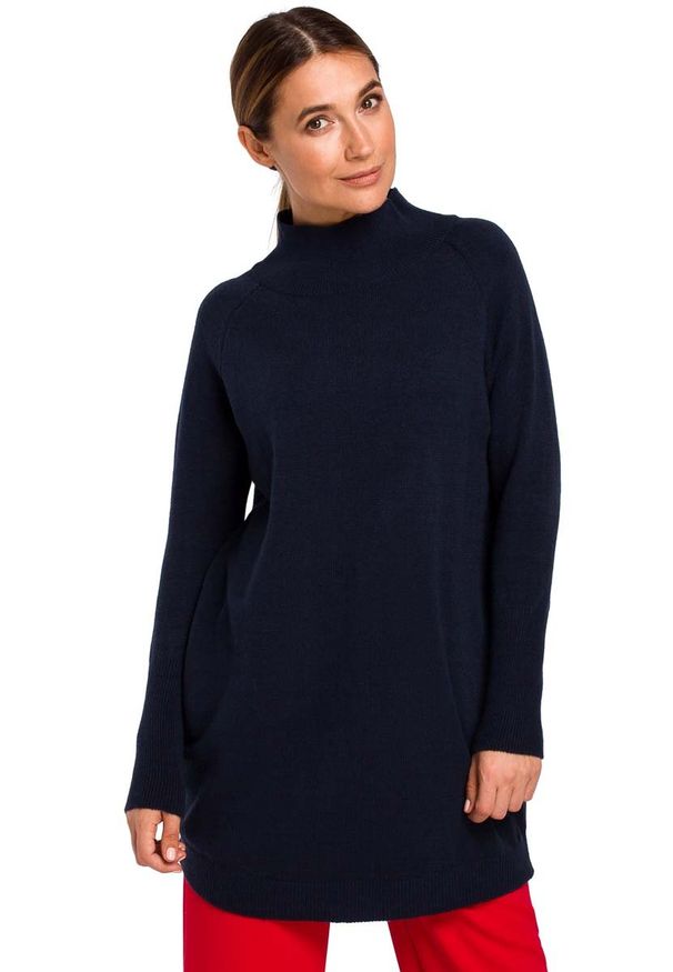 MOE - Sweter-Tunika z Półgolfem - Granatowy. Kolor: niebieski. Materiał: wełna, poliester, akryl