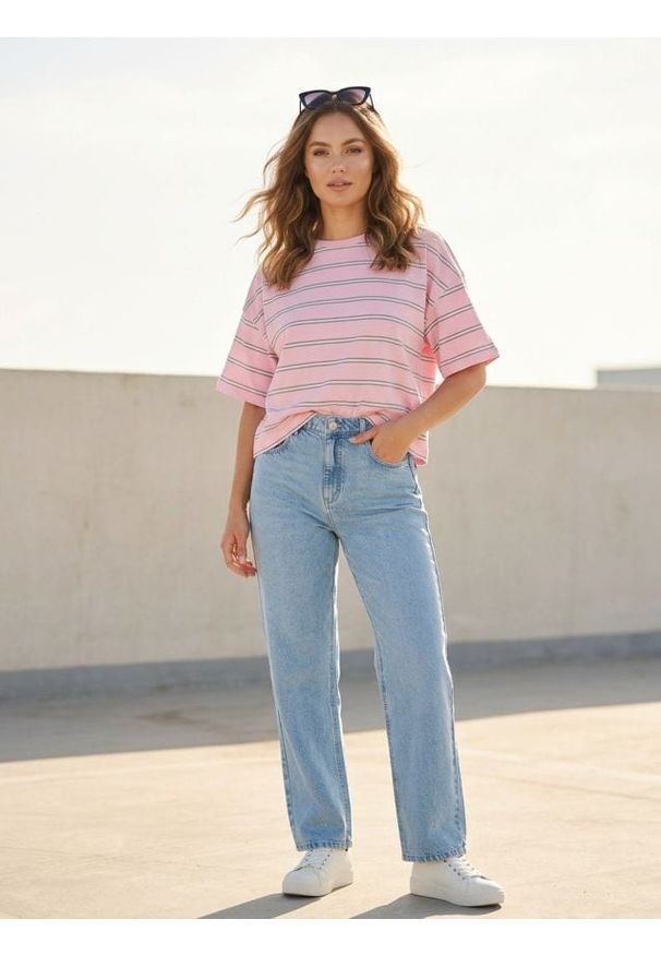 Sinsay - Bawełniana koszulka w paski - begonia. Materiał: bawełna. Wzór: paski