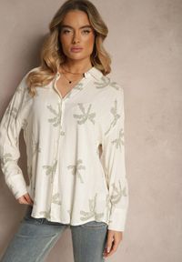 Renee - Biała Koszula z Wiskozy z Lnem w Liściasty Wzór Tatheia. Okazja: na co dzień. Kolor: biały. Materiał: len, wiskoza. Styl: casual #5