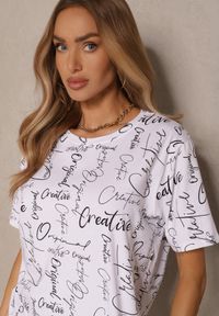 Renee - Biały Bawełniany T-shirt o Kroju Oversize z Ozdobnym Nadrukiem Aveneli. Okazja: na co dzień. Kolor: biały. Materiał: bawełna. Wzór: nadruk. Styl: elegancki, casual #3