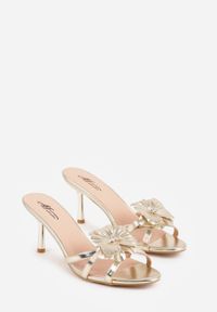 Born2be - Złote Klapki na Szpilce z Aplikacją Kwiatka Valanna. Okazja: na co dzień. Kolor: złoty. Materiał: jeans. Wzór: aplikacja, kwiaty. Obcas: na szpilce. Styl: casual, elegancki #2