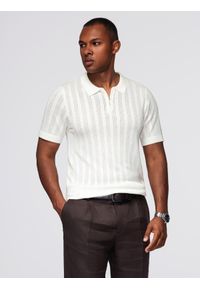 Ombre Clothing - Ażurowa koszulka polo męska z suwakiem przy dekolcie – biała V1 - Rozmiar: L. Typ kołnierza: polo. Kolor: biały. Materiał: nylon, elastan, wiskoza, dzianina. Wzór: ażurowy. Sezon: lato. Styl: elegancki #1