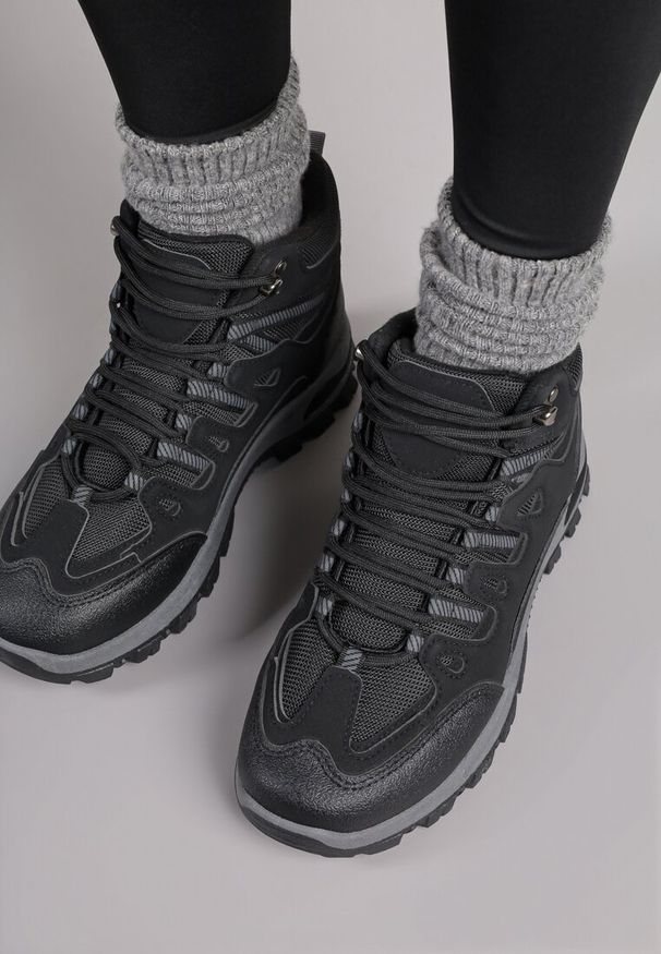 Born2be - Czarne Sznurowane Buty Trekkingowe Traperki Vices na Grubej Podeszwie Afertie. Kolor: czarny. Materiał: jeans. Styl: sportowy