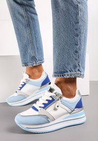 Renee - Niebieskie Sneakersy na Platformie z Metaliczną Lamówką i Brokatem Bivina. Kolor: niebieski. Wzór: aplikacja. Obcas: na platformie #1