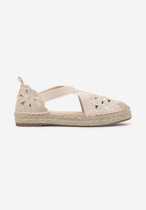 Born2be - Beżowe Ażurowe Espadryle na Płaskiej Podeszwie z Paskami Eleandrel. Okazja: na spacer. Zapięcie: pasek. Kolor: beżowy. Materiał: jedwab, jeans. Wzór: ażurowy. Sezon: wiosna. Obcas: na płaskiej podeszwie. Styl: klasyczny, elegancki