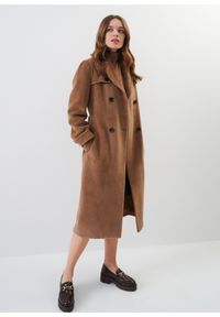 Ochnik - Dwurzędowy płaszcz wełniany damski z paskiem. Kolor: brązowy. Materiał: wełna. Długość: długie #5