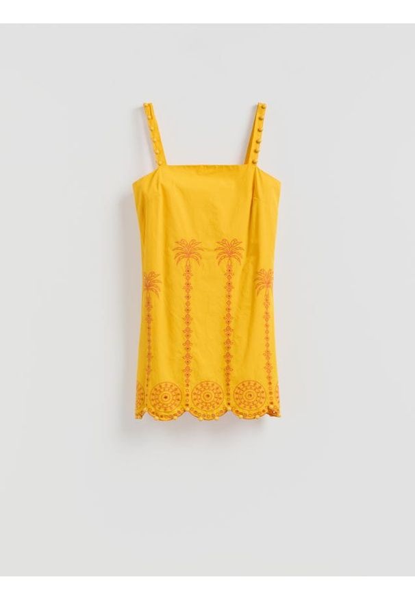 Reserved - Sukienka z ozdobnym haftem - jasnożółty. Kolor: żółty. Materiał: bawełna, tkanina. Wzór: haft. Typ sukienki: proste