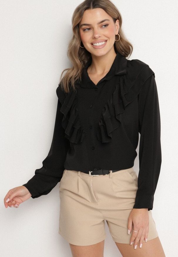 Born2be - Czarna Koszula z Ozdobną Falbaną Cornelea. Okazja: na co dzień. Kolor: czarny. Materiał: jeans. Styl: klasyczny, elegancki, casual