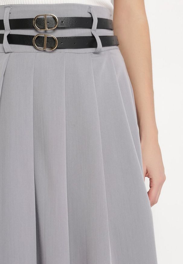 Born2be - Szara Spódnica z Podwójnym Paskiem z Ekoskóry i Szerokimi Plisami Hiritai. Okazja: do pracy, na imprezę. Stan: podwyższony. Kolor: szary. Materiał: skóra. Styl: elegancki