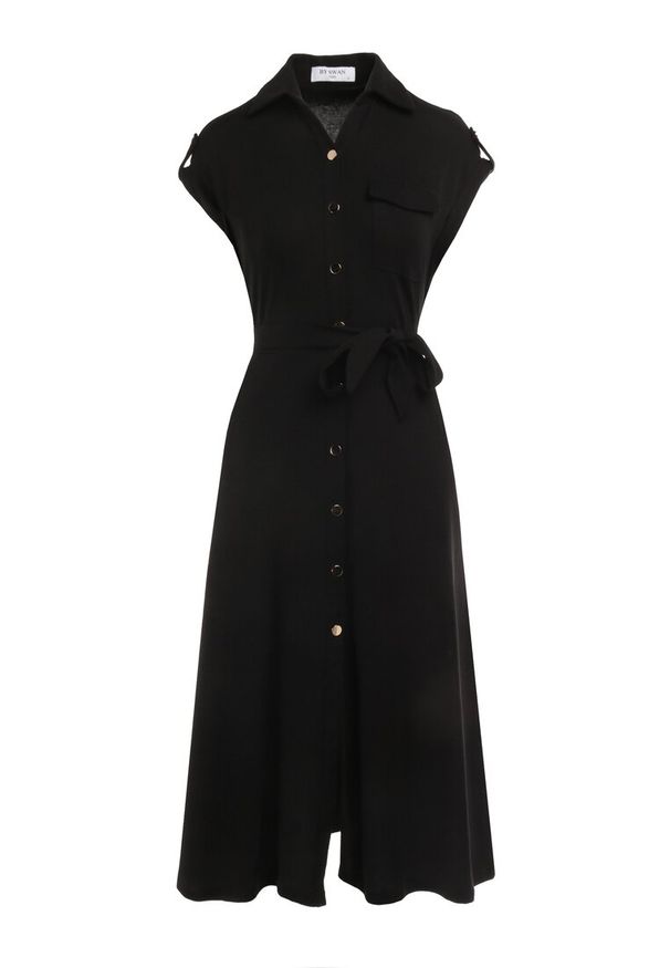 Born2be - Czarna Sukienka Koszulowa Phinitrite. Okazja: na co dzień. Kolor: czarny. Wzór: aplikacja. Typ sukienki: koszulowe. Materiał: materiał. Długość rękawa: krótki rękaw. Sezon: lato. Styl: casual. Długość: midi