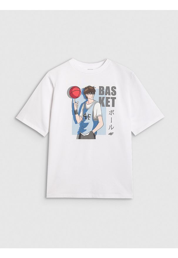 4f - 4F T-shirt oversize z nadrukiem chłopięcy - biały 164 (13-14 lat). Okazja: na co dzień. Kolor: biały. Materiał: jersey, materiał, bawełna. Wzór: nadruk. Sezon: lato. Styl: klasyczny, sportowy, casual