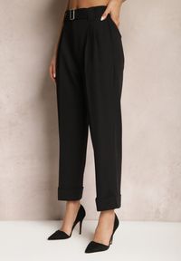 Renee - Czarne Garniturowe Spodnie High Waist z Paskiem z Klamrą Ficuza. Okazja: na spotkanie biznesowe. Stan: podwyższony. Kolor: czarny. Styl: biznesowy, elegancki #4