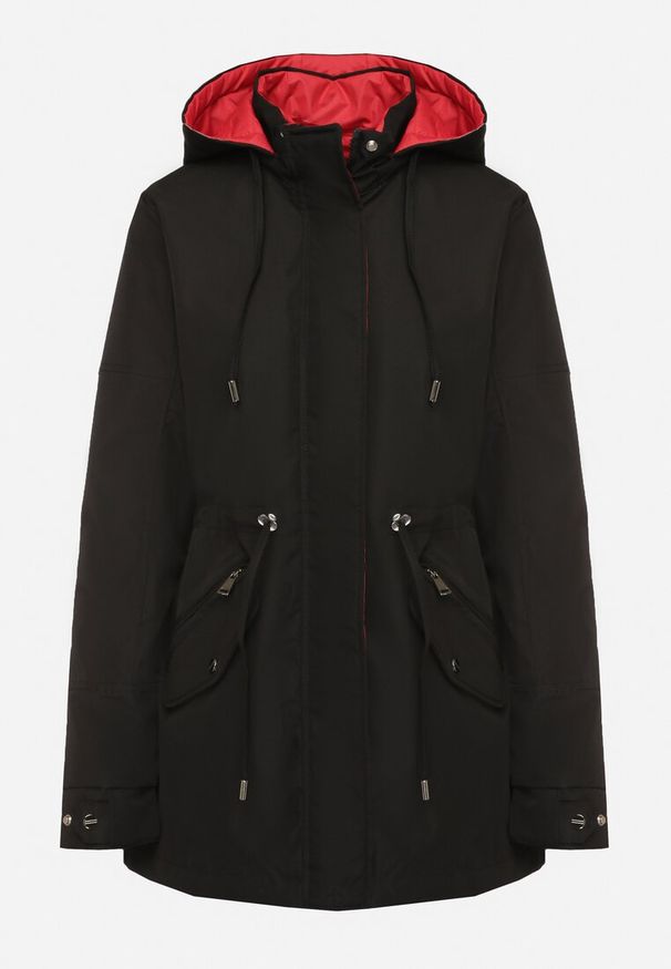 Born2be - Czarno-Czerwona Dwustronna Kurtka Parka z Odpinanym Kapturem Ściągana Sznurkiem Camaria. Okazja: na spacer. Kolor: czarny. Materiał: jeans