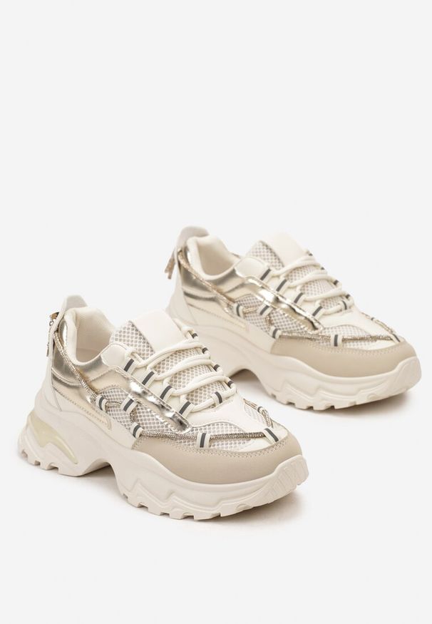 Renee - Beżowe Sneakersy z Metalicznymi Wstawkami na Niskiej Platformie z Ozdobnym Sznurkiem Oiriema. Zapięcie: pasek. Kolor: beżowy. Obcas: na platformie