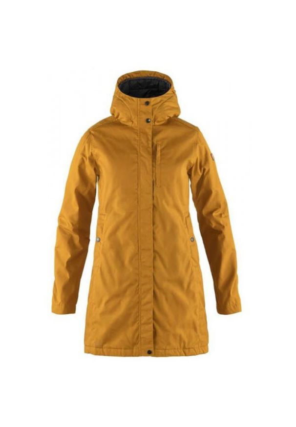 Fjällräven - Płaszcz damski Fjallraven Kiruna Padded Parka. Kolor: żółty. Materiał: puch. Sport: turystyka piesza